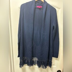 Lily Pulitzer Blue Open-Front Cardigan with Fringe